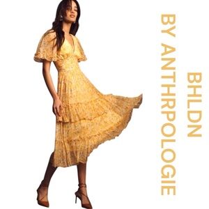BHLDN BY ANTHROPOLOGIE Naomi V-Neck, Short Sleeve, Floral, Midi Dress, Size XS.